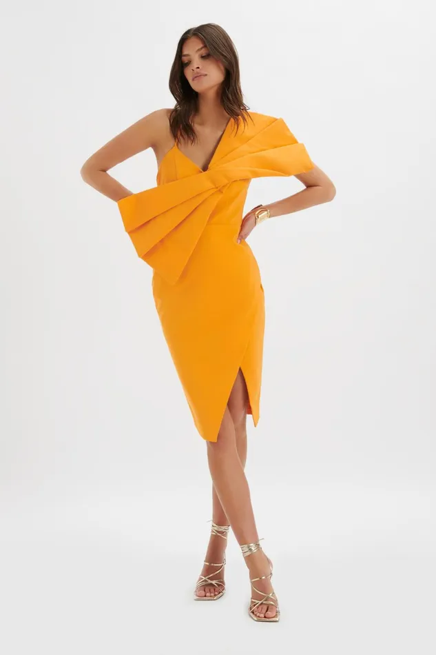 Lavish Alice Wedding Guest ESTHER Bow Detail Wrap Skirt Midi Dress In Orange Orange 8211 Women Lavish Alice Wedding Guest ESTHER Bow Detail Wrap Skirt Midi Dress In Orange Orange 8211 Women