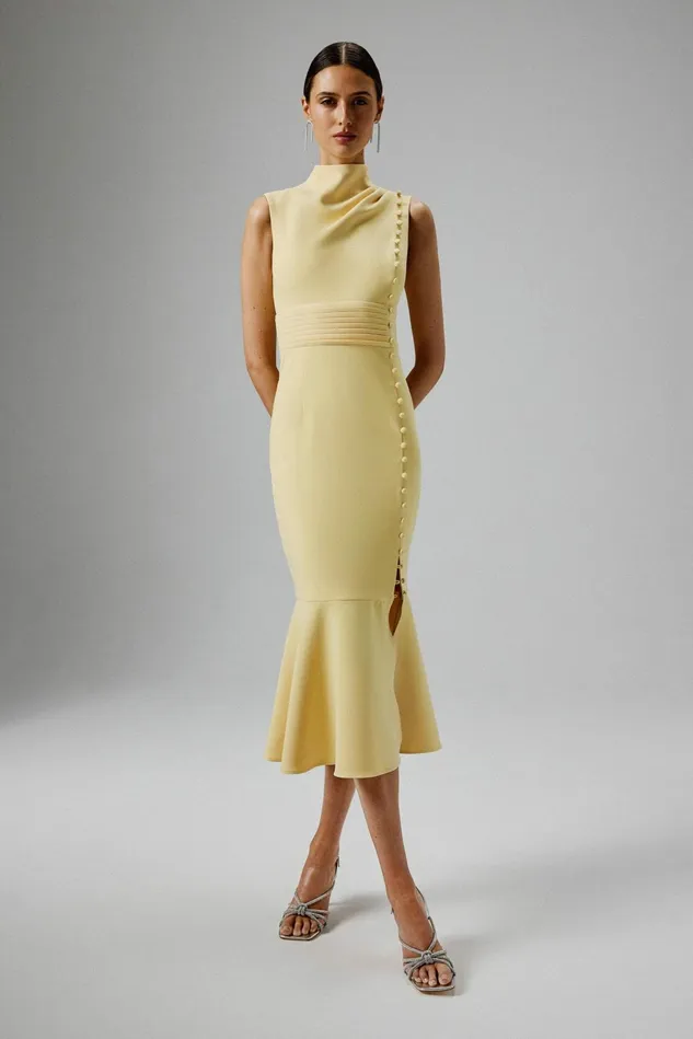 Lavish Alice Wedding Guest SAFFRON High Neck Micro Button Midi Dress In Yellow Yellow 8211 Women