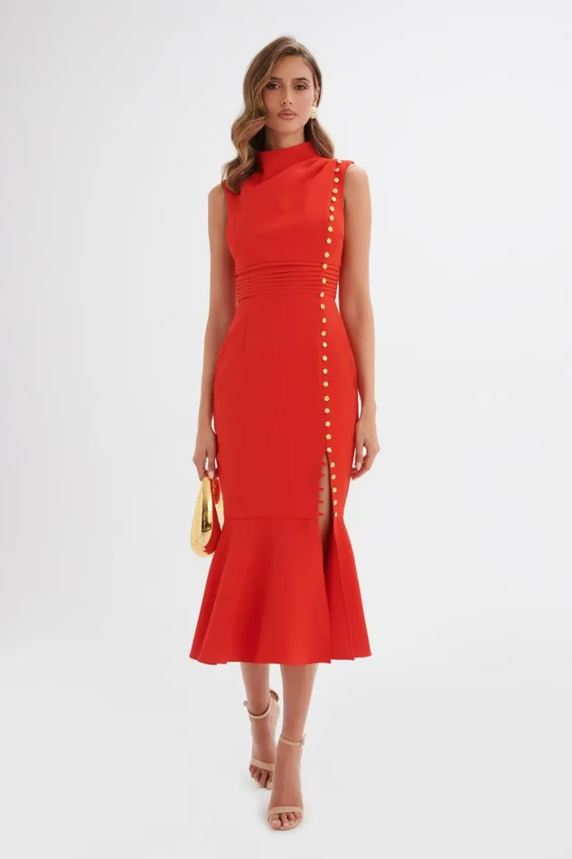 Lavish Alice Wedding Guest SAFFRON High Neck Rose Button Midi Dress In Red Red 8211 Women
