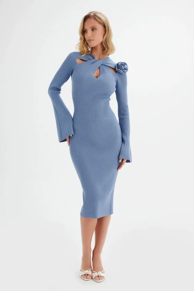 Lavish Alice Winter Knitwear ALIA Knitted Ribbed Corsage Midi Dress In Cornflower Blue Cornflower Blue 8211 Women
