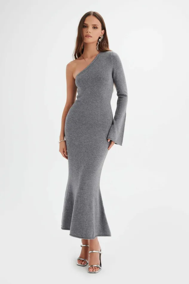 Lavish Alice Winter Knitwear HUDA Knitted Asymmetric Fit and Flare Midi Dress In Grey Grey 8211 Women