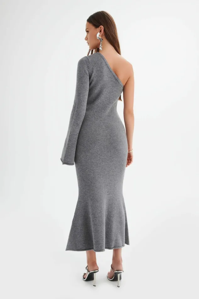 Lavish Alice Winter Knitwear HUDA Knitted Asymmetric Fit and Flare Midi Dress In Grey Grey 8211 Women