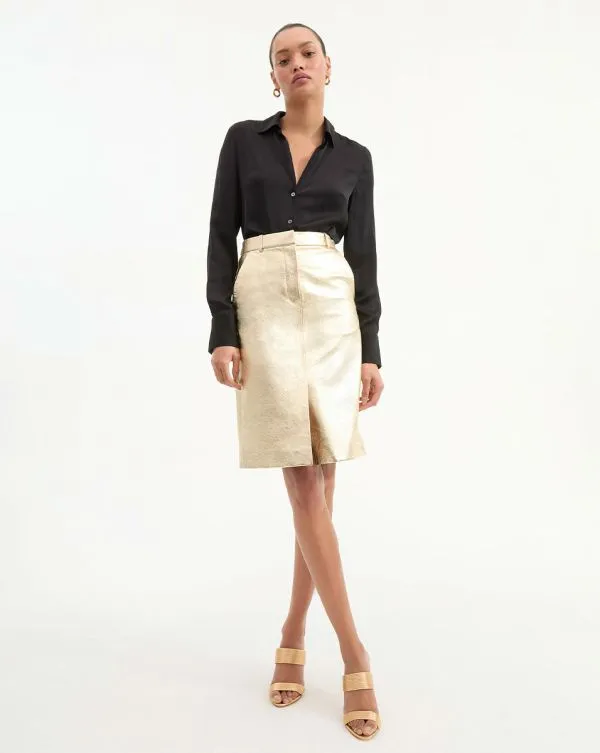 Maxine Leather Midi Skirt Gold Women Veronica Beard Skirts and Shorts