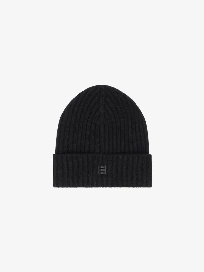 Men Beanies and Caps Givenchy Ribbed Beanie In Wool And Cashmere With 4G Detail Black