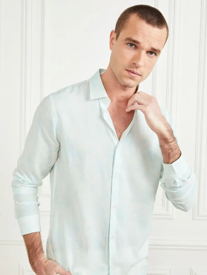 Men GUESS Eco Benny Paul Shirt Light Blue Tropical Fores Shirts