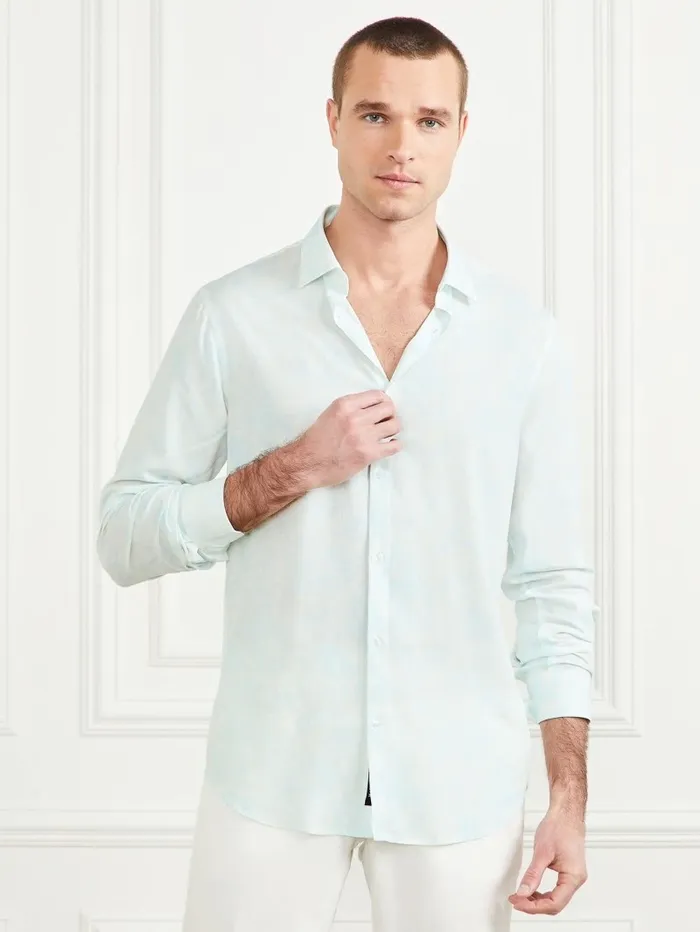 Men GUESS Eco Benny Paul Shirt Light Blue Tropical Fores Shirts Men GUESS Eco Benny Paul Shirt Light Blue Tropical Fores Shirts