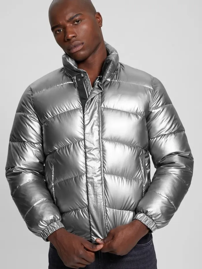 Men GUESS Lunar Puffer Jacket Silver Shine Multi Jackets and Coats