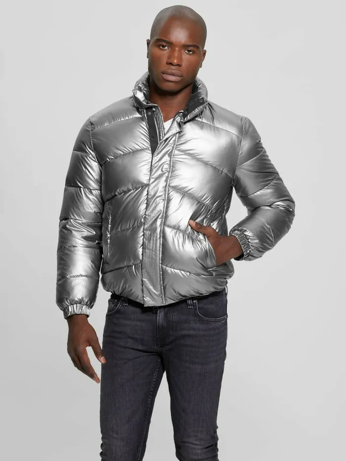 Men GUESS Lunar Puffer Jacket Silver Shine Multi Jackets and Coats Men GUESS Lunar Puffer Jacket Silver Shine Multi Jackets and Coats