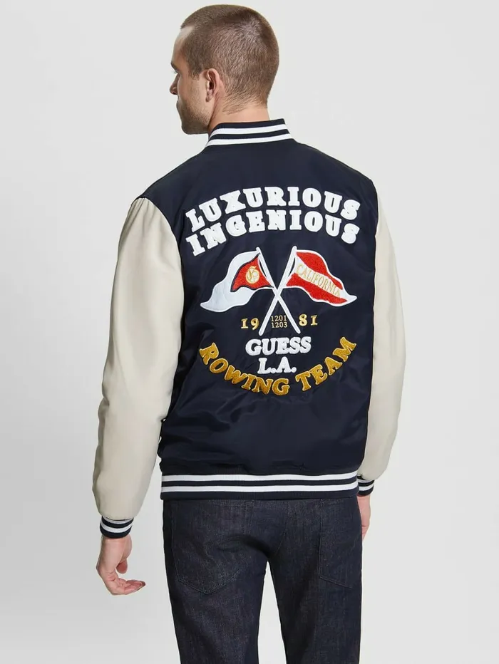 Men GUESS Patch Varsity Jacket Bleu lgant Jackets and Coats