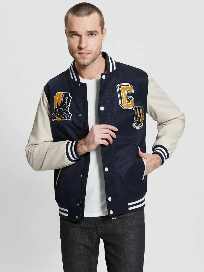 Men GUESS Patch Varsity Jacket Bleu lgant Jackets and Coats Men GUESS Patch Varsity Jacket Bleu lgant Jackets and Coats