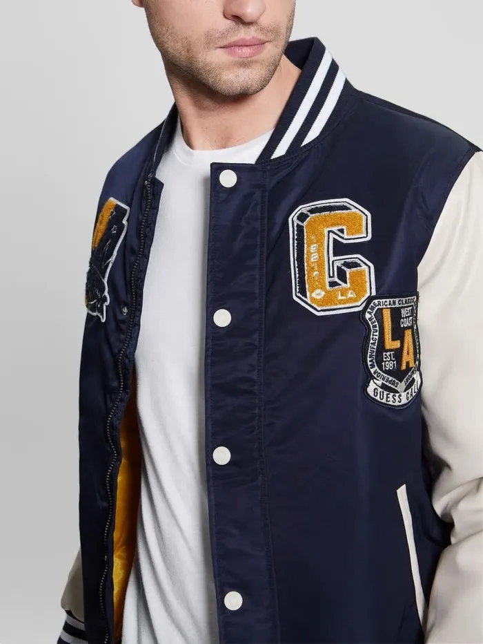 Men GUESS Patch Varsity Jacket Bleu lgant Jackets and Coats Men GUESS Patch Varsity Jacket Bleu lgant Jackets and Coats