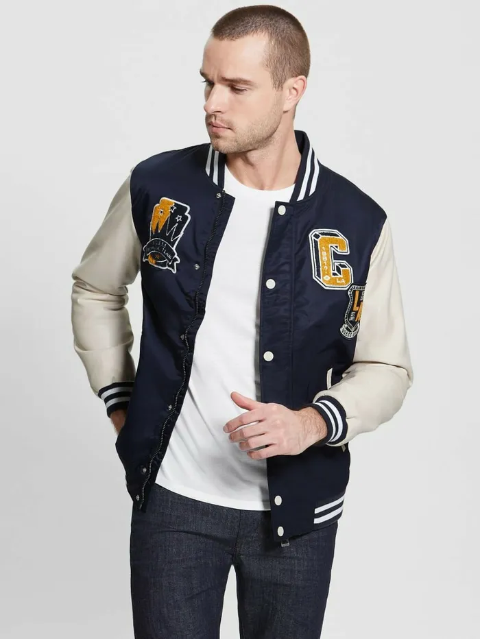 Men GUESS Patch Varsity Jacket Bleu lgant Jackets and Coats Men GUESS Patch Varsity Jacket Bleu lgant Jackets and Coats