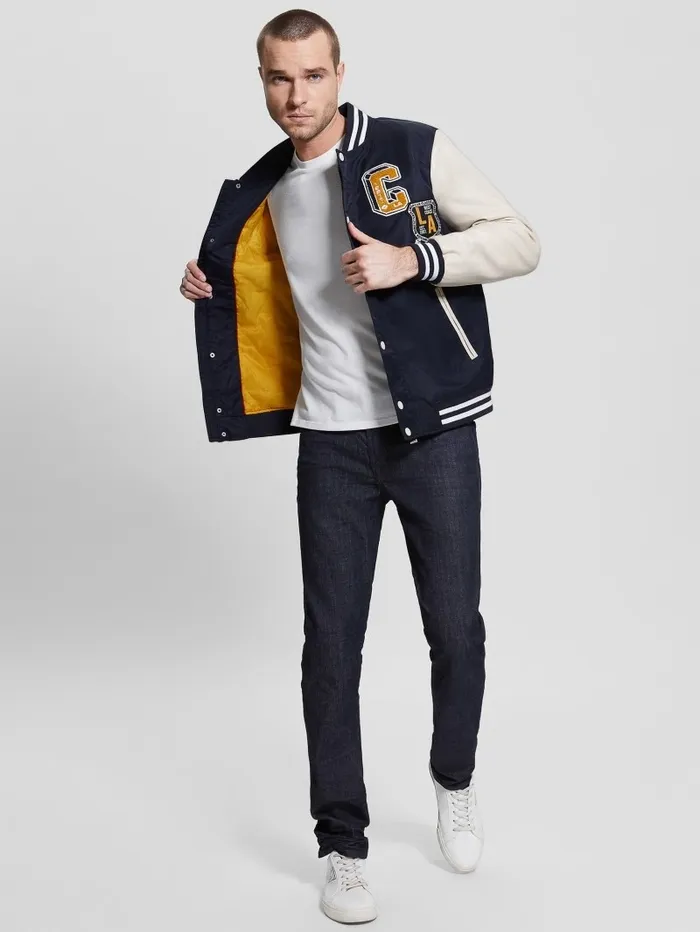 Men GUESS Patch Varsity Jacket Bleu lgant Jackets and Coats Men GUESS Patch Varsity Jacket Bleu lgant Jackets and Coats