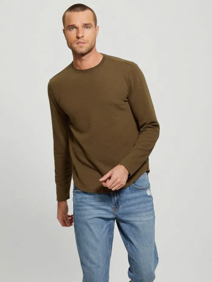 Men GUESS Textured Longsleeve Tee Arsenal Green TShirts and Tanks