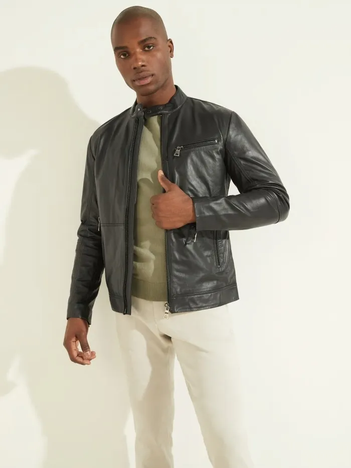 Men Jackets and Coats GUESS Leather Biker Jacket Black
