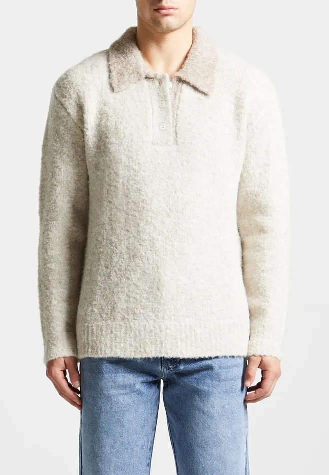 Men Manire De Voir Boucle Knit Contrast Polo Jumper Cream