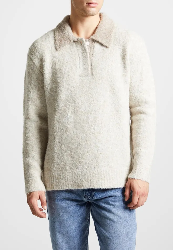 Men Manire De Voir Boucle Knit Contrast Polo Jumper Cream