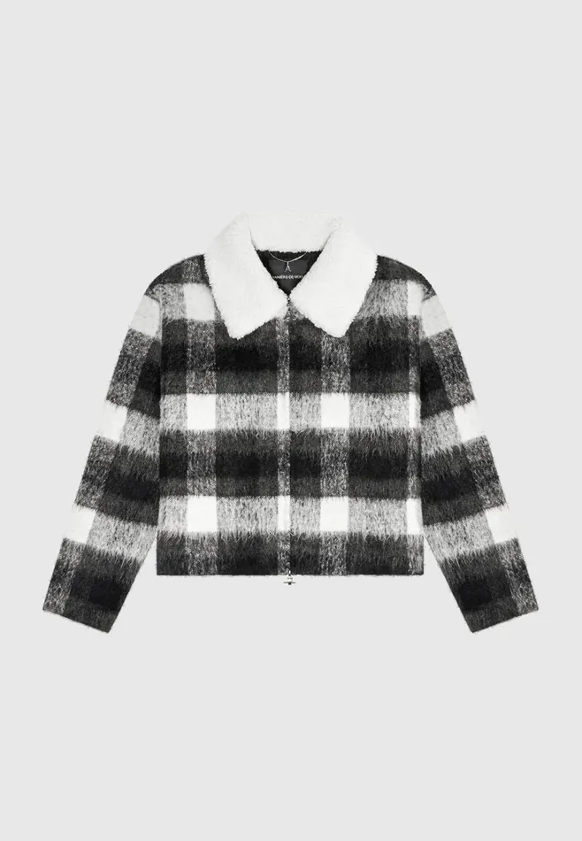 Men Manire De Voir Boxy Check Jacket With Borg Collar Blackwhite