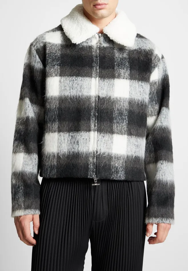 Men Manire De Voir Boxy Check Jacket With Borg Collar Blackwhite