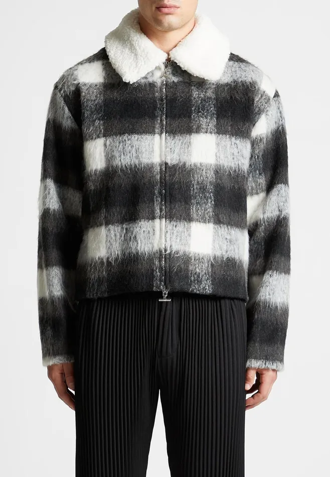 Men Manire De Voir Boxy Check Jacket With Borg Collar Blackwhite