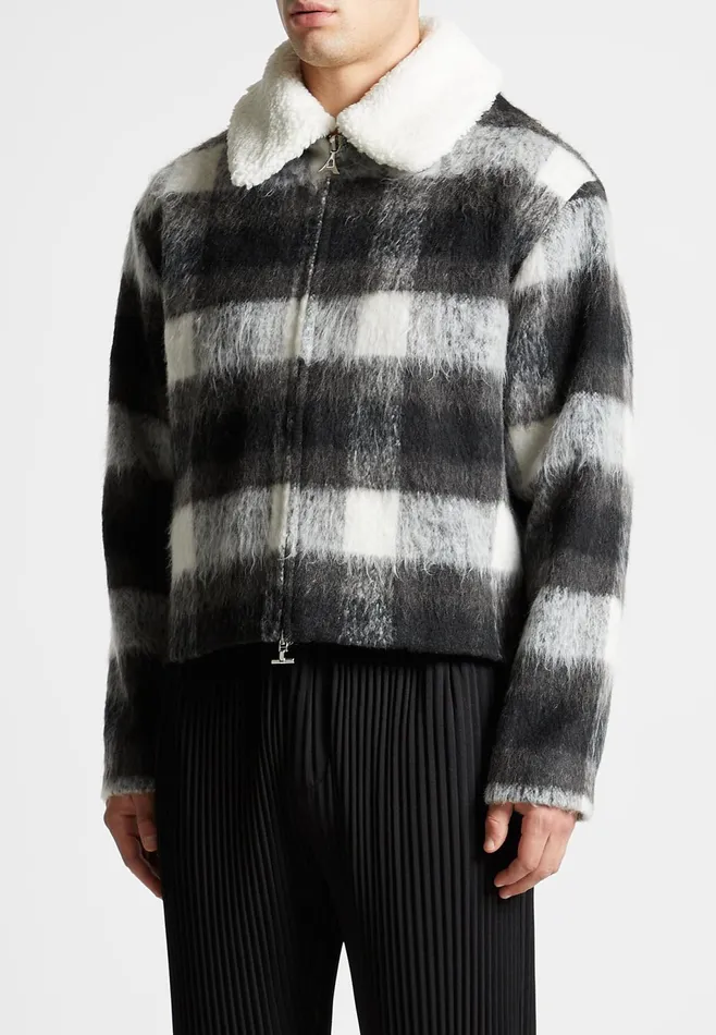 Men Manire De Voir Boxy Check Jacket With Borg Collar Blackwhite