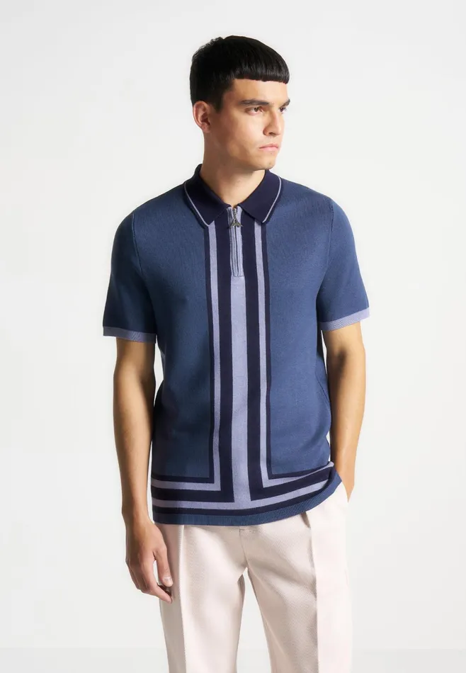 Men Manire De Voir Contrast Border Knit Zip Polo Shirt Blue