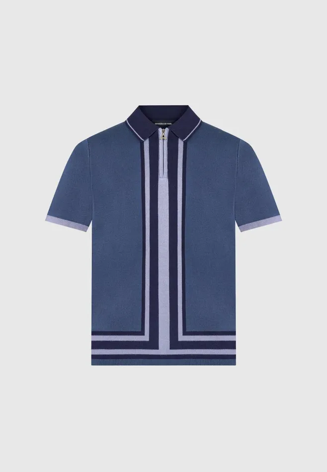 Men Manire De Voir Contrast Border Knit Zip Polo Shirt Blue
