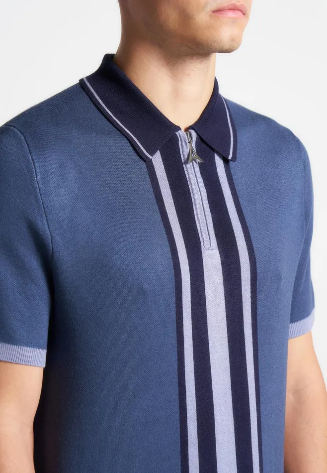 Men Manire De Voir Contrast Border Knit Zip Polo Shirt Blue