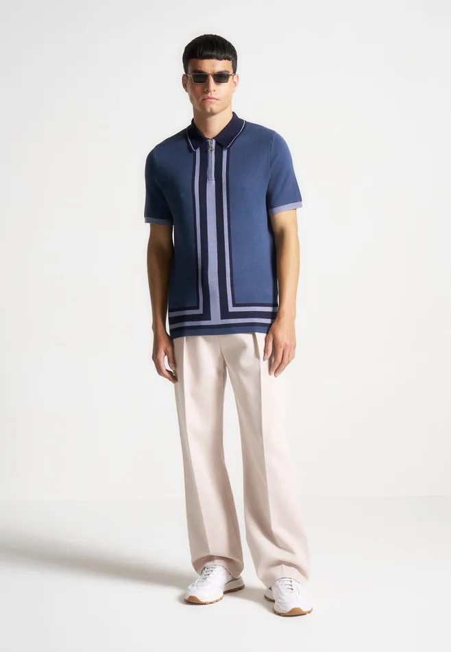 Men Manire De Voir Contrast Border Knit Zip Polo Shirt Blue