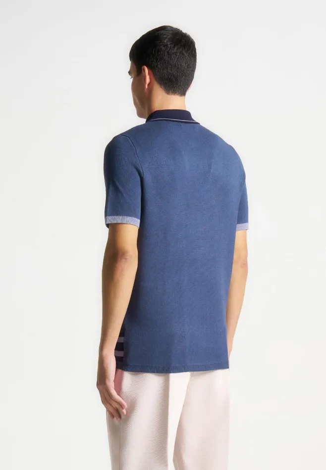 Men Manire De Voir Contrast Border Knit Zip Polo Shirt Blue