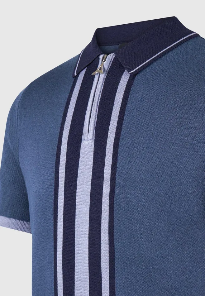 Men Manire De Voir Contrast Border Knit Zip Polo Shirt Blue