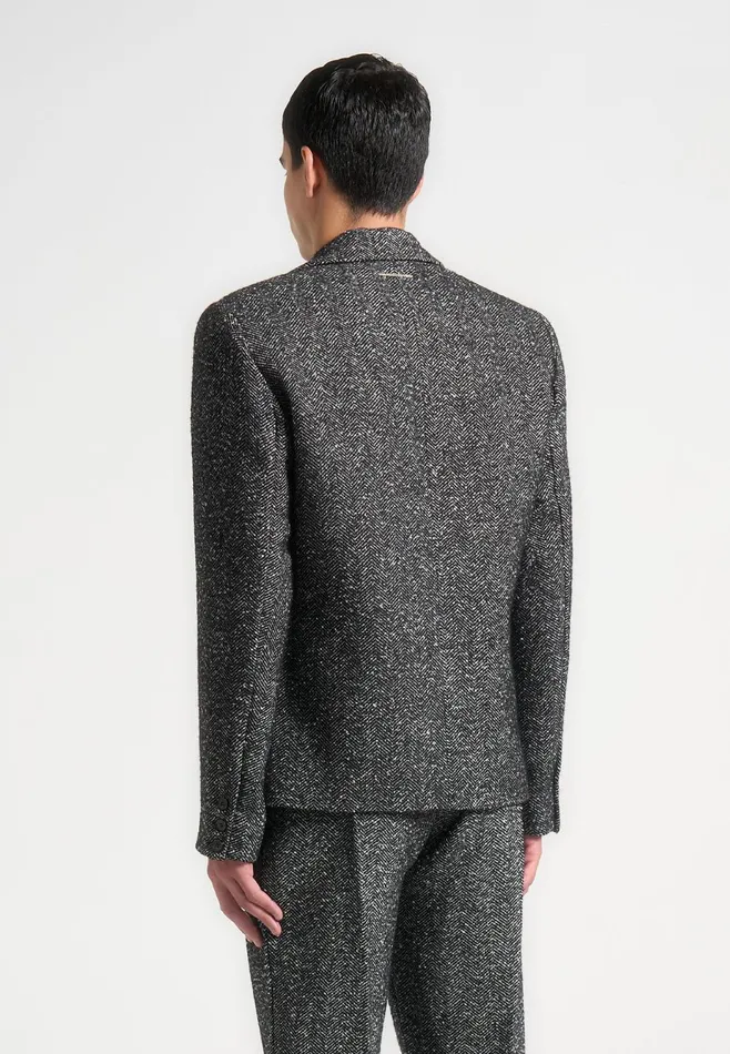 Men Manire De Voir Double Breasted Herringbone Wool Blend Suit Jacket Black