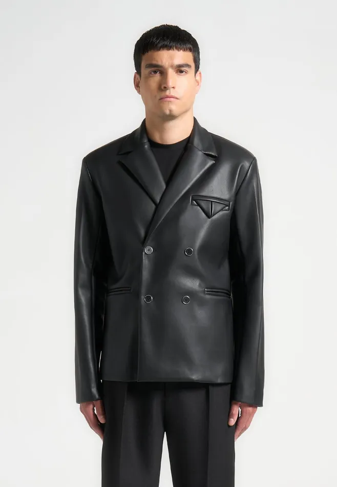 Men Manire De Voir Double Breasted Leather Suit Jacket Black