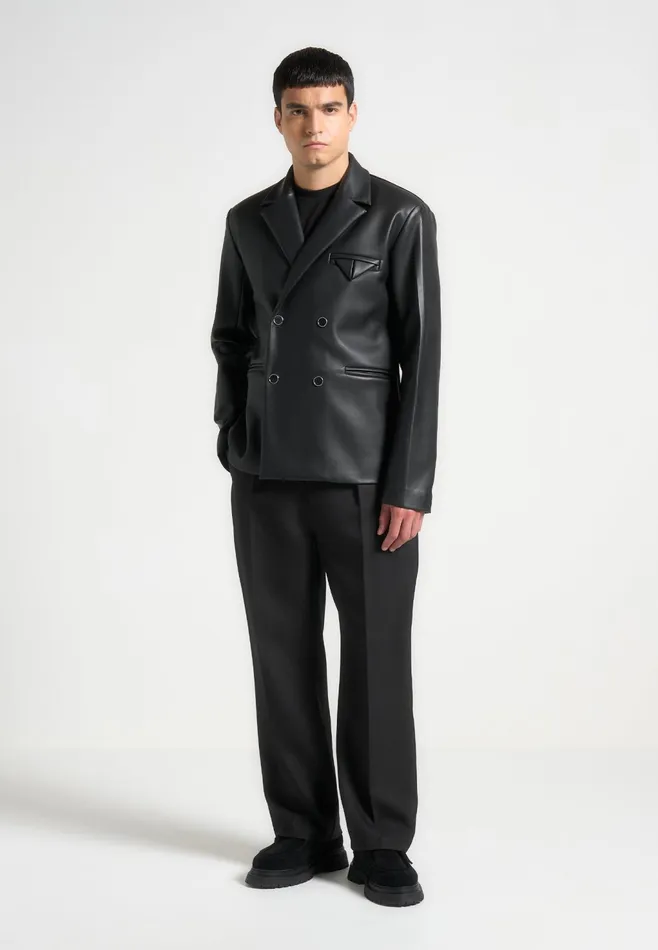 Men Manire De Voir Double Breasted Leather Suit Jacket Black