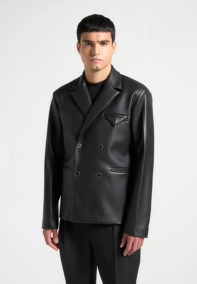 Men Manire De Voir Double Breasted Leather Suit Jacket Black