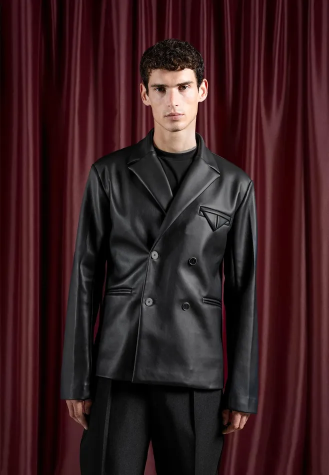 Men Manire De Voir Double Breasted Leather Suit Jacket Black
