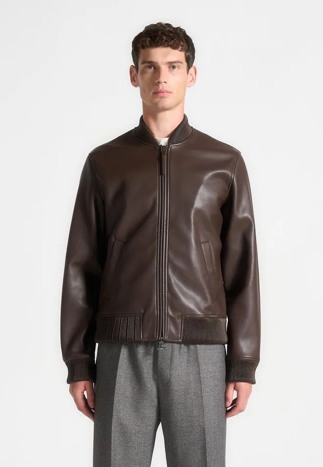 Men Manire De Voir Leather Bomber Jacket Brown