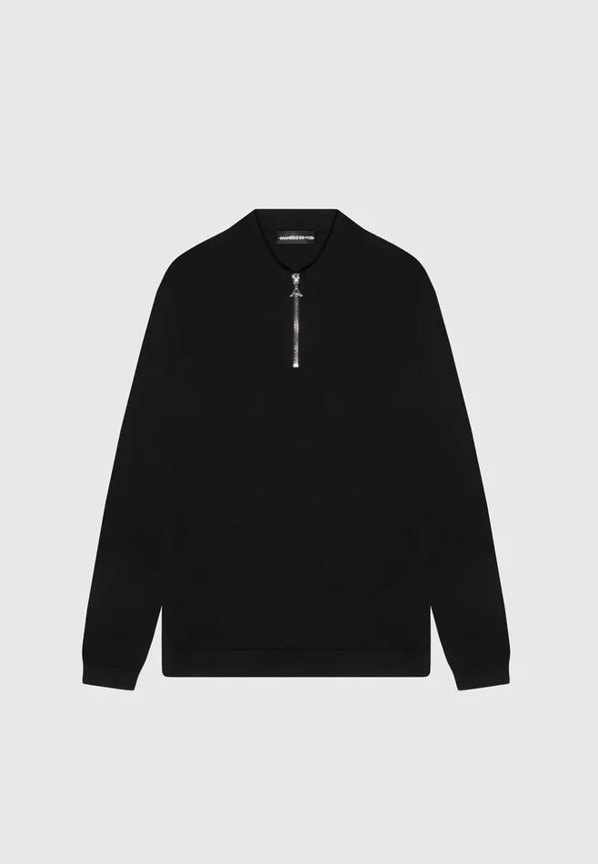 Men Manire De Voir Merino Wool Long Sleeve Polo Top With Zip Black