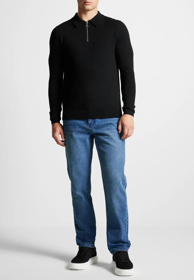 Men Manire De Voir Merino Wool Long Sleeve Polo Top With Zip Black