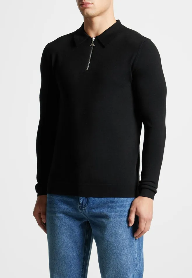 Men Manire De Voir Merino Wool Long Sleeve Polo Top With Zip Black