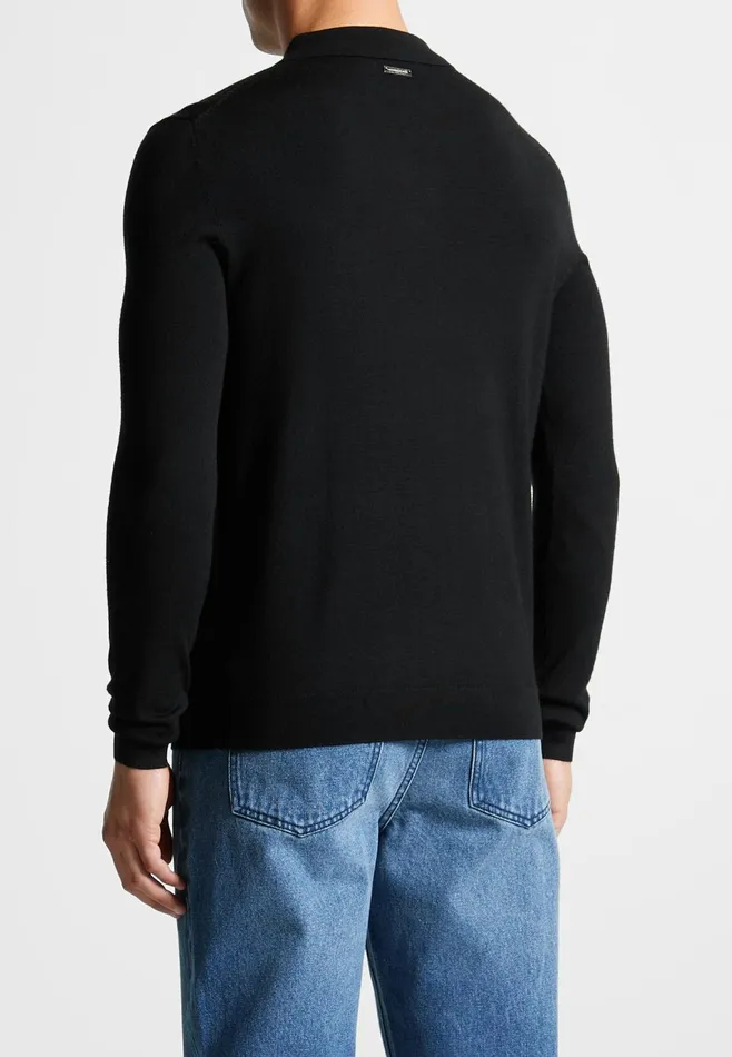 Men Manire De Voir Merino Wool Long Sleeve Polo Top With Zip Black