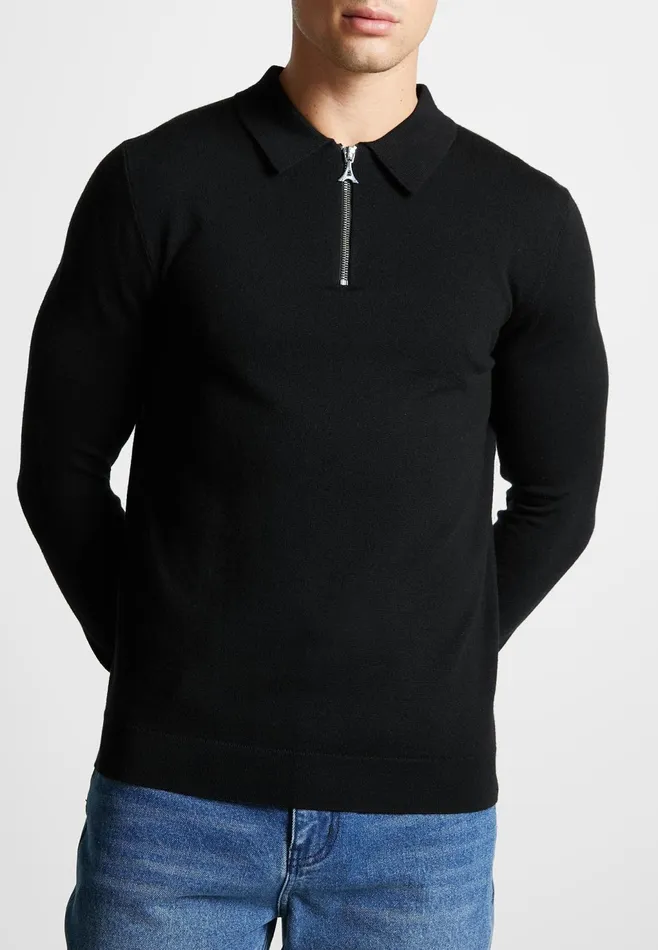 Men Manire De Voir Merino Wool Long Sleeve Polo Top With Zip Black