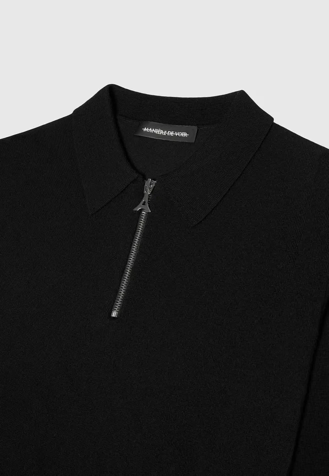 Men Manire De Voir Merino Wool Long Sleeve Polo Top With Zip Black