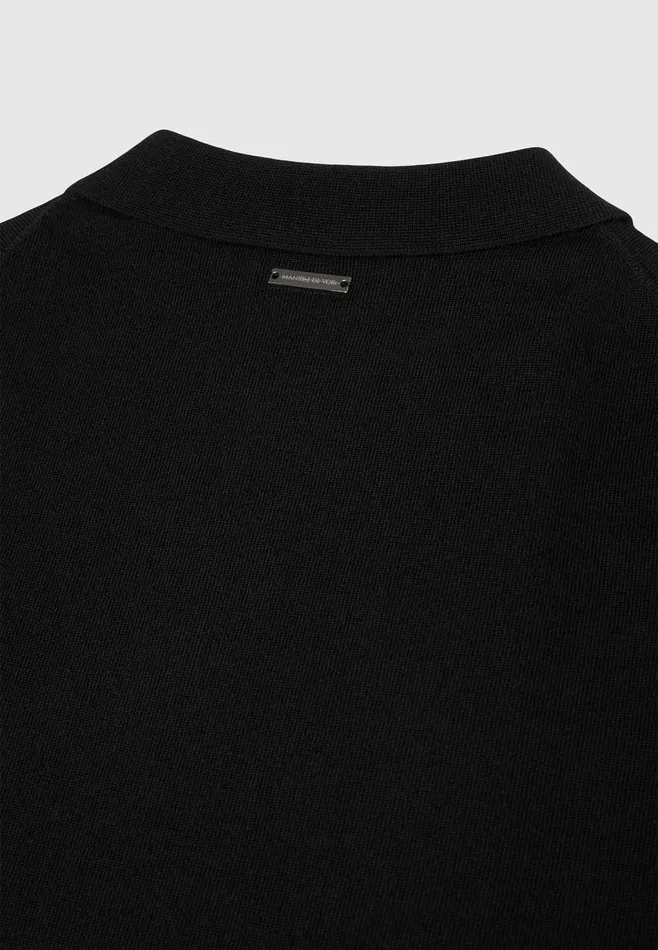 Men Manire De Voir Merino Wool Long Sleeve Polo Top With Zip Black