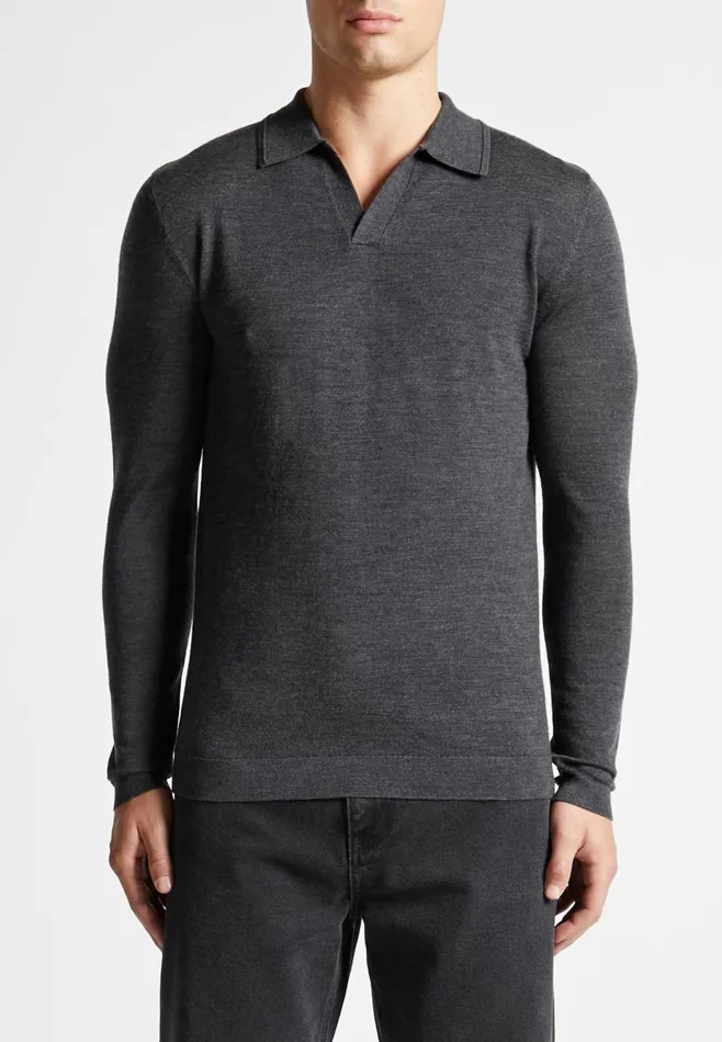 Men Manire De Voir Merino Wool Long Sleeve Revere Polo Shirt Grey