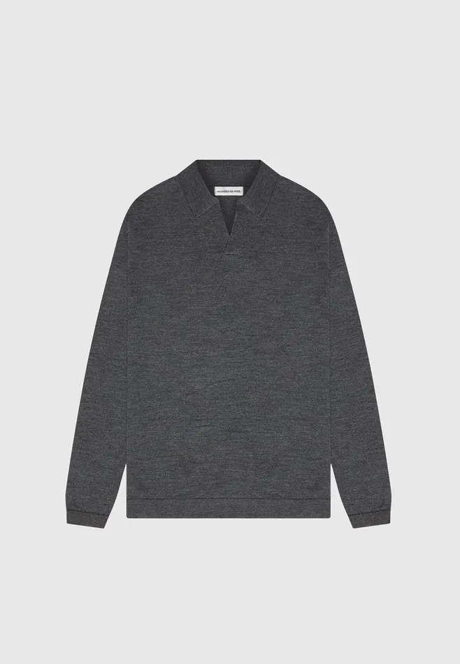 Men Manire De Voir Merino Wool Long Sleeve Revere Polo Shirt Grey