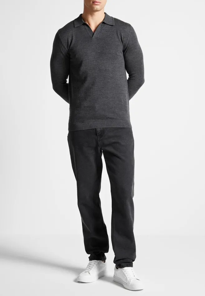 Men Manire De Voir Merino Wool Long Sleeve Revere Polo Shirt Grey