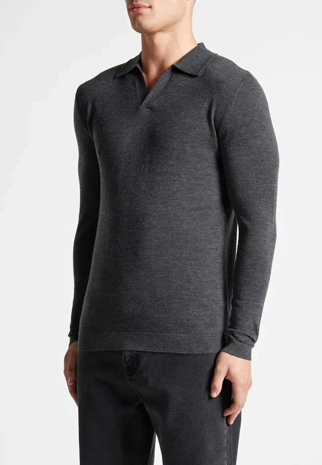 Men Manire De Voir Merino Wool Long Sleeve Revere Polo Shirt Grey
