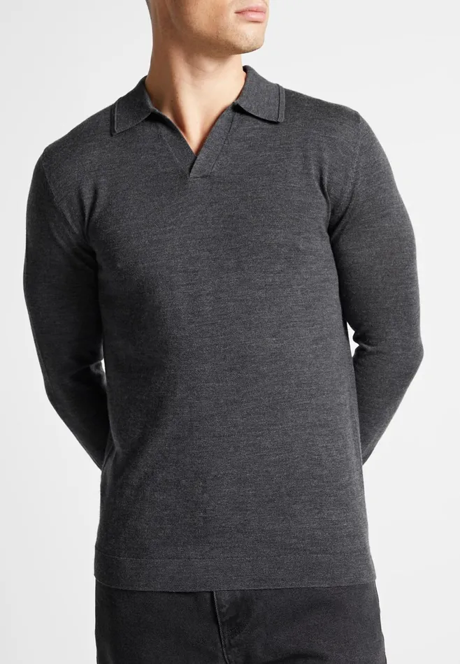 Men Manire De Voir Merino Wool Long Sleeve Revere Polo Shirt Grey