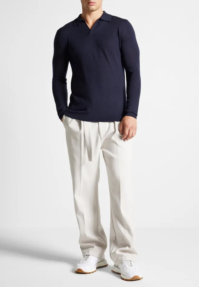 Men Manire De Voir Merino Wool Long Sleeve Revere Polo Shirt Navy